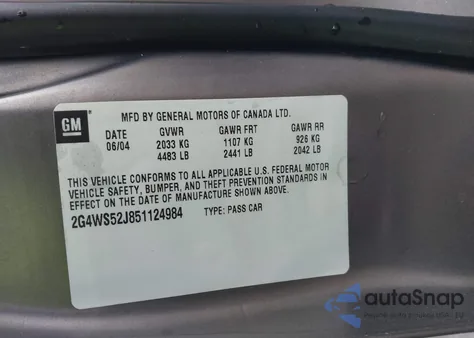 2005 Buick Century from USA, damaged, VIN 2G4WS52J851124984